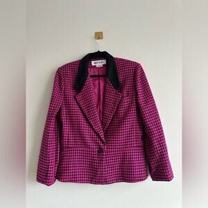 Vintage 80s Pink Houndstooth Wool Blend Blazer Black Collar Size 16